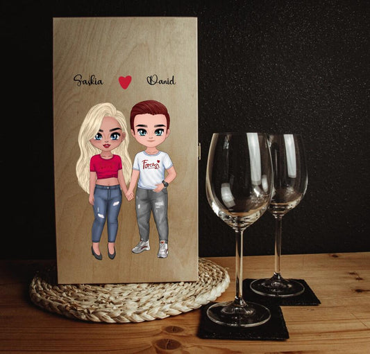 Personalisierte Weinbox & 2 Leonardo Weingläser mit Gravur "Comic Couple" - individuell anpassbar