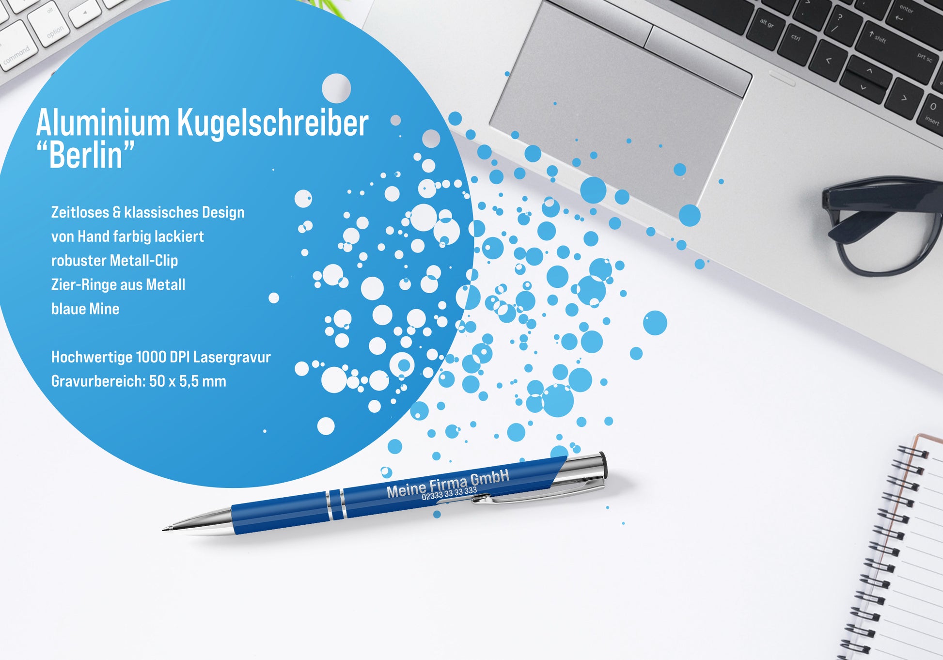 Aluminium Kugelschreiber mit Gravur - dein Wunschtext auf unserem Kugelschreiber "Berlin" - versch. Schriftarten & Farben