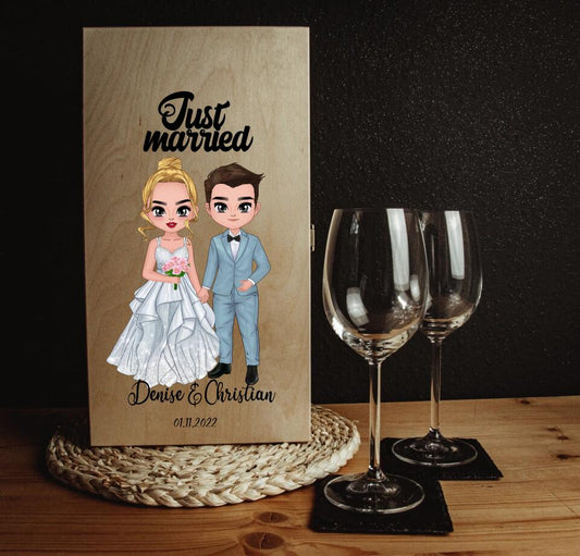Personalisierte Weinbox & 2 Leonardo Weingläser mit Gravur "Just Married" - individuell anpassbar