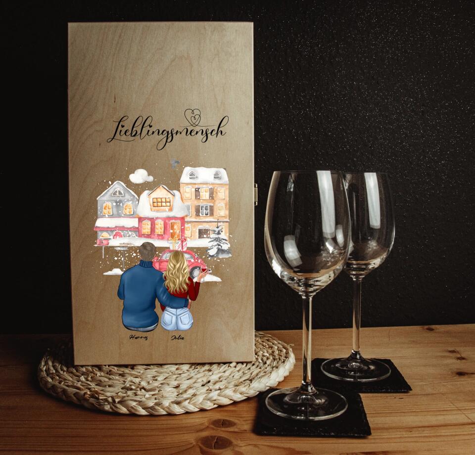 Personalisierte Weinbox & 2 Leonardo Weingläser mit Gravur "Winter Couple" - individuell anpassbar