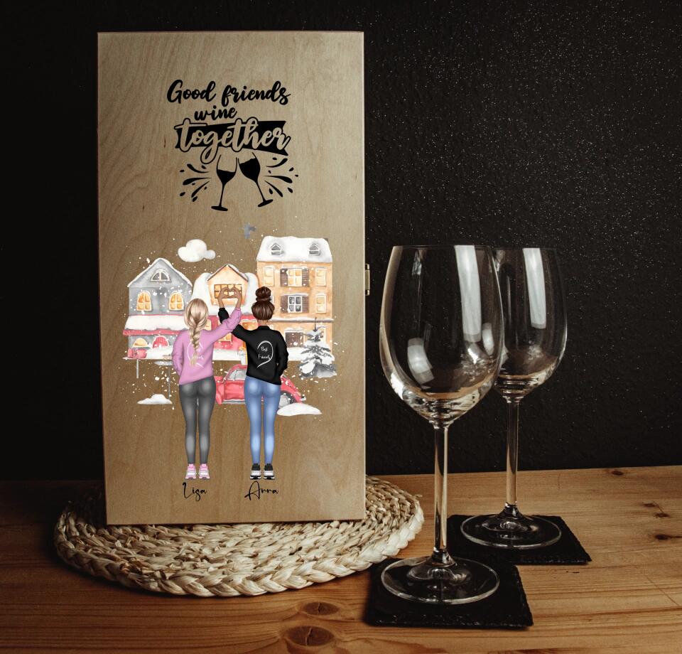 Personalisierte Weinbox & 2 Leonardo Weingläser mit Gravur "Beste Freundinnen Schneelandschaft" - individuell anpassbar