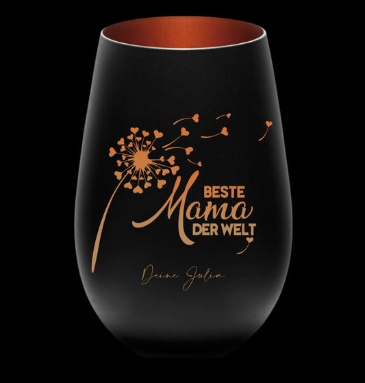 Windlicht mit Gravur "Beste Mama der Welt" - personalisiert mit Namen / Widmung - Kristallglas schwarz