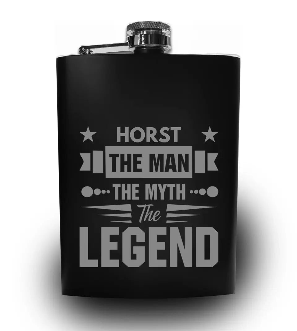 Edelstahl Flachmann mit Gravur "The Man The Myth The Legend" - personalisiert mit Namen - 240ml - Matt Schwarz