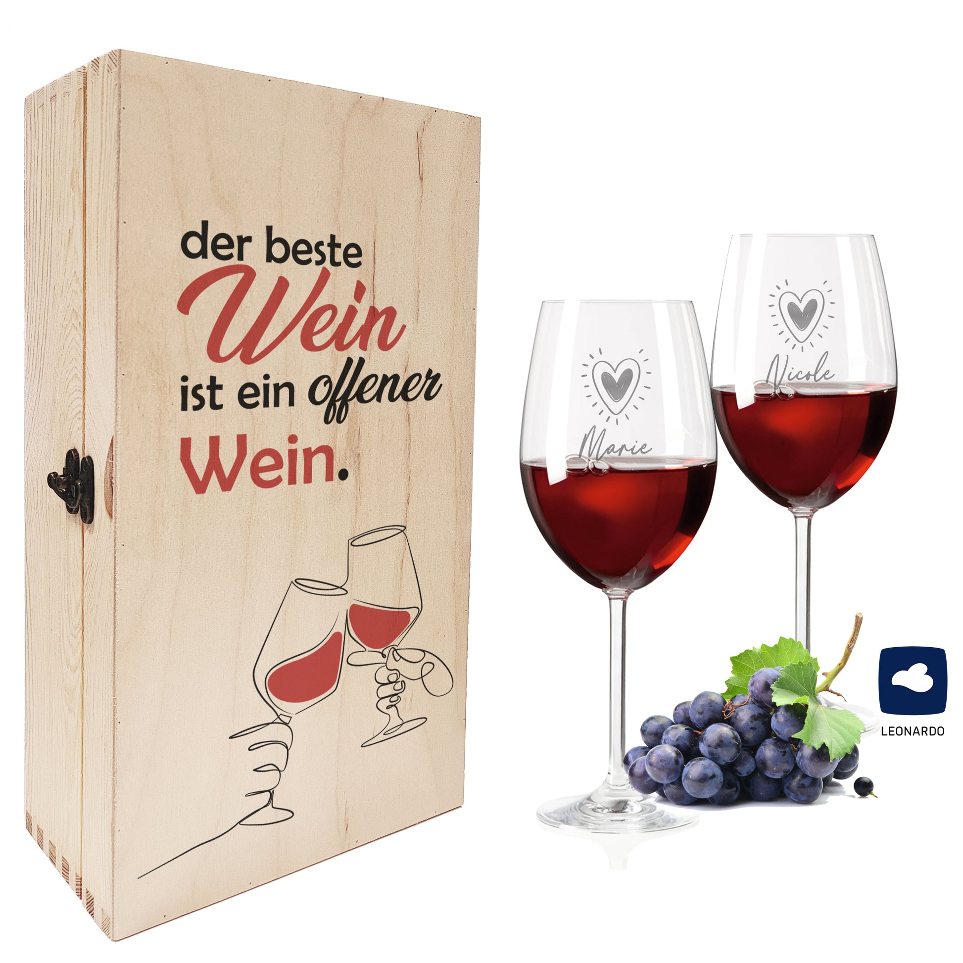 Weinbox mit Motiv & 2 Leonardo Weingläser mit Wunsch-Namen Gravur