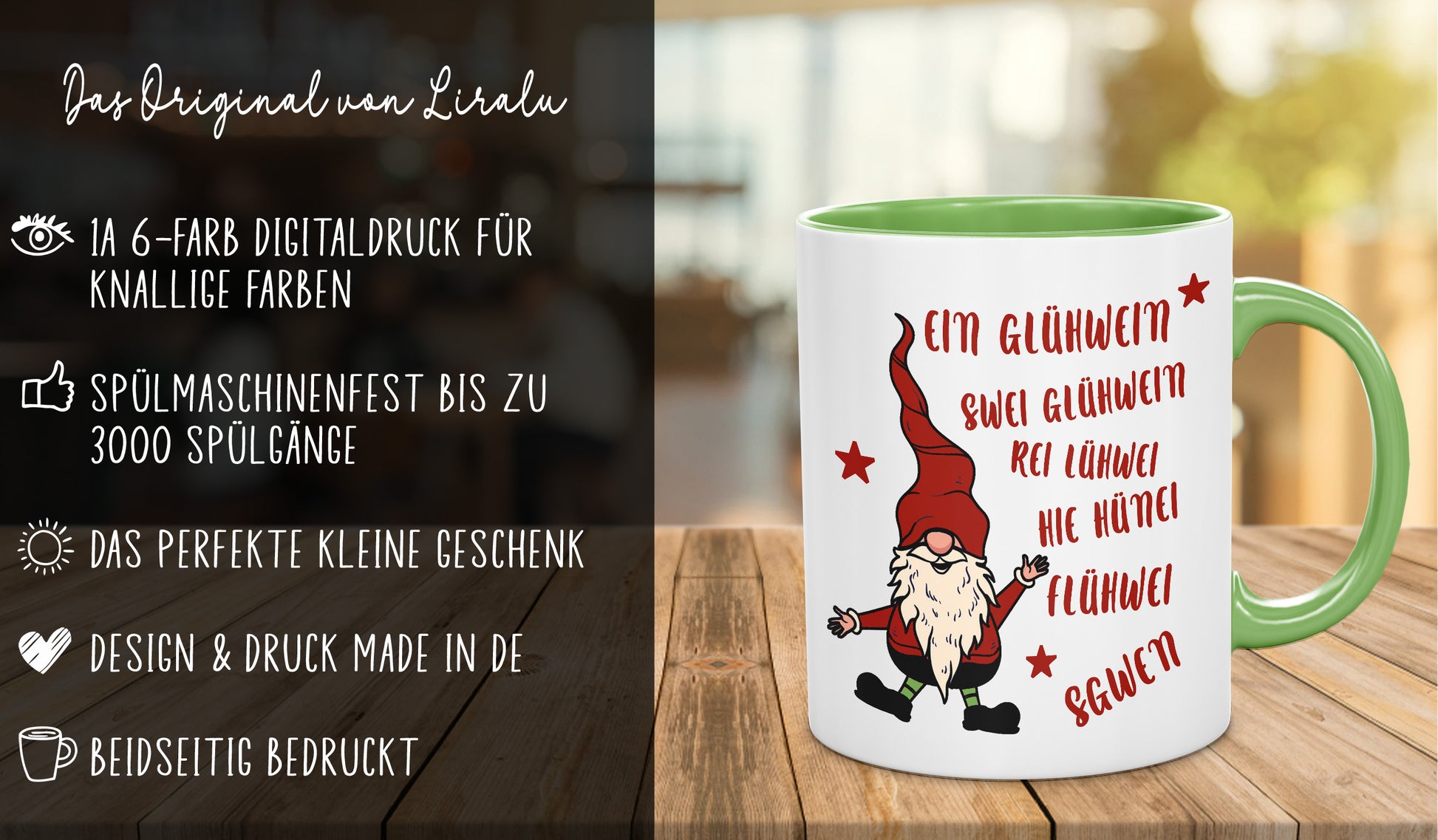 Spruch-Tasse "Ein Glühwein, swei Glühwein, hünei" - Spülmaschinenfest- das ideale Geschenk